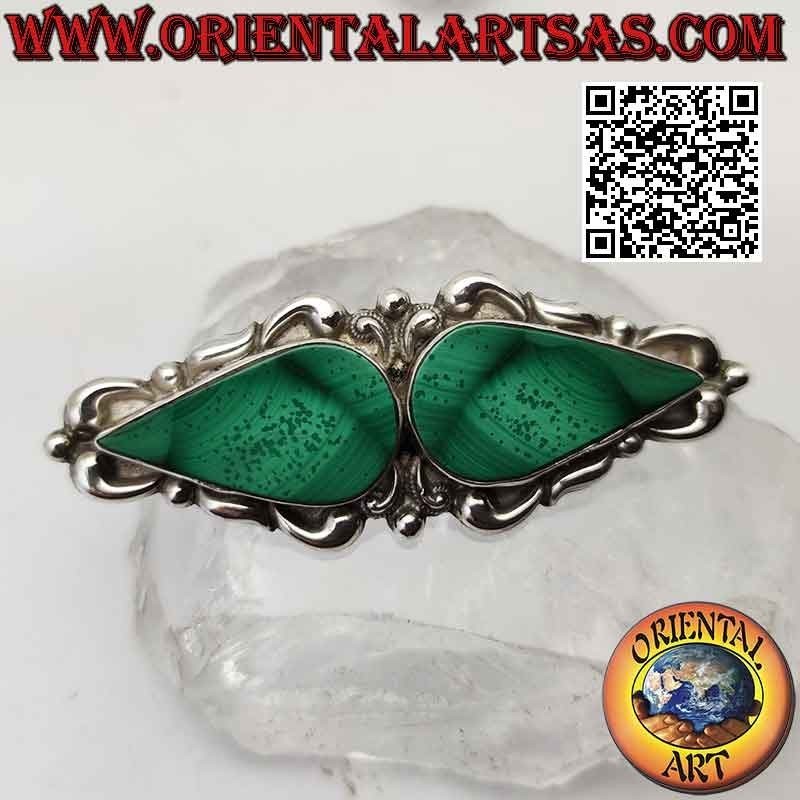 925 ‰ silver brooch with mirror malachite drops on a frame with baroque decoration
