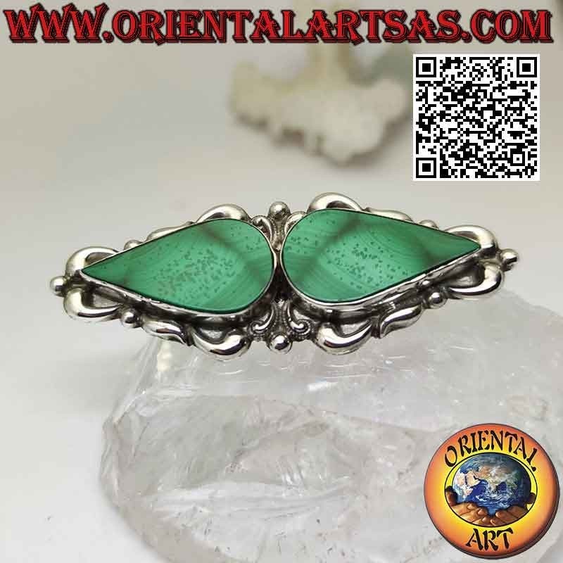 925 ‰ silver brooch with mirror malachite drops on a frame with baroque decoration