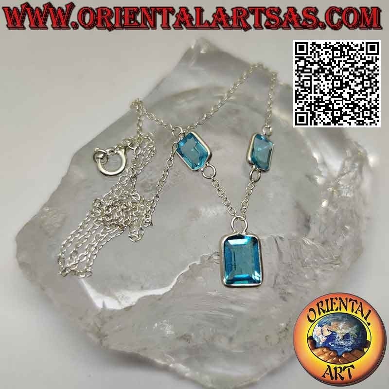Collier en argent 925 ‰, tour de cou chaîne avec trio de topazes rectangulaires