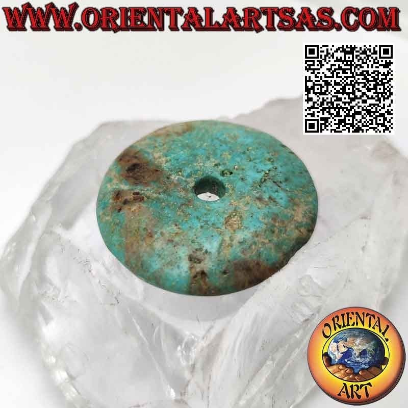 Pendentif Donut/Disque Turquoise Tibétain Antique de 36 mm. Ø (cordon inclus)