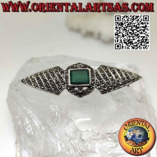 Broche de plata 925‰ con dos rombos con marcasitas y ágata verde rectangular