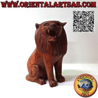 Escultura de 22 cm de un león sentado en guardia en madera de suar (tallada a mano de un solo bloque)
