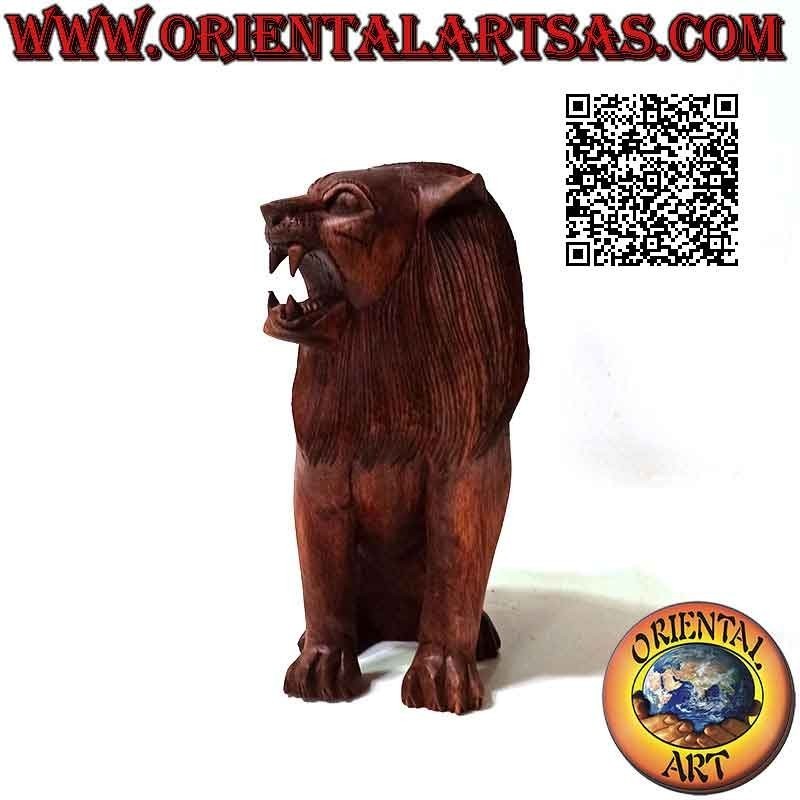 22 cm sculpture of a sitting lion in suar wood (hand carved from a single block)