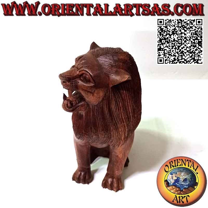 Escultura de 22 cm de un león sentado en guardia en madera de suar (tallada a mano de un solo bloque)