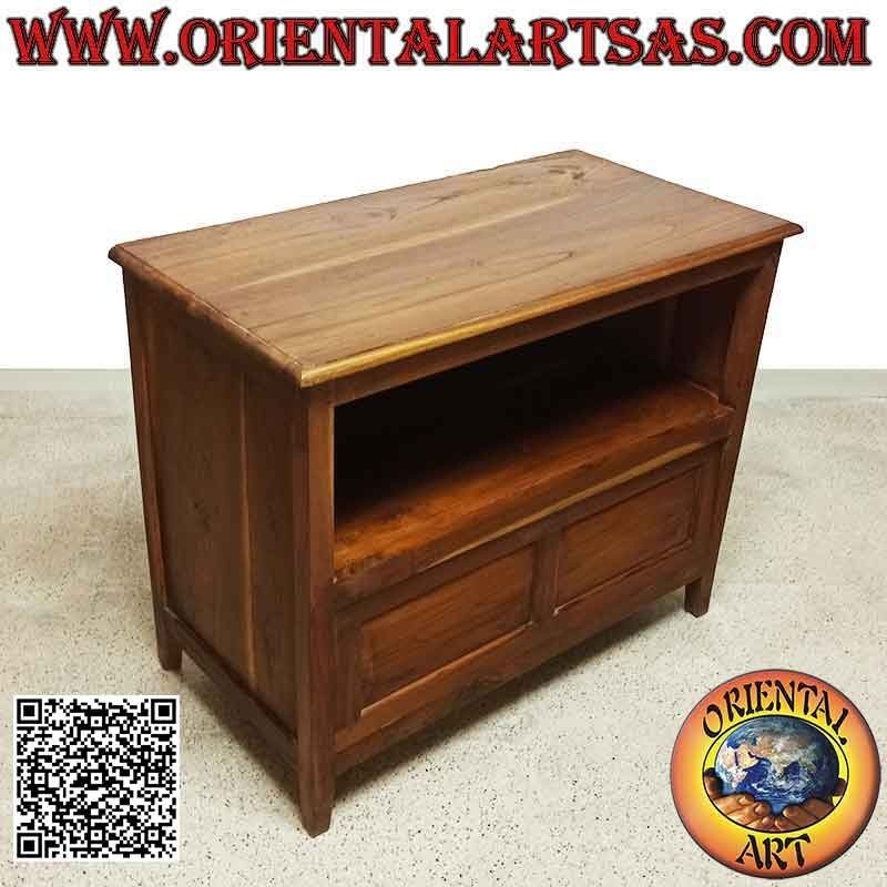 Mobile da soggiorno porta TV con ripiano e anta a ribalta in legno di teak