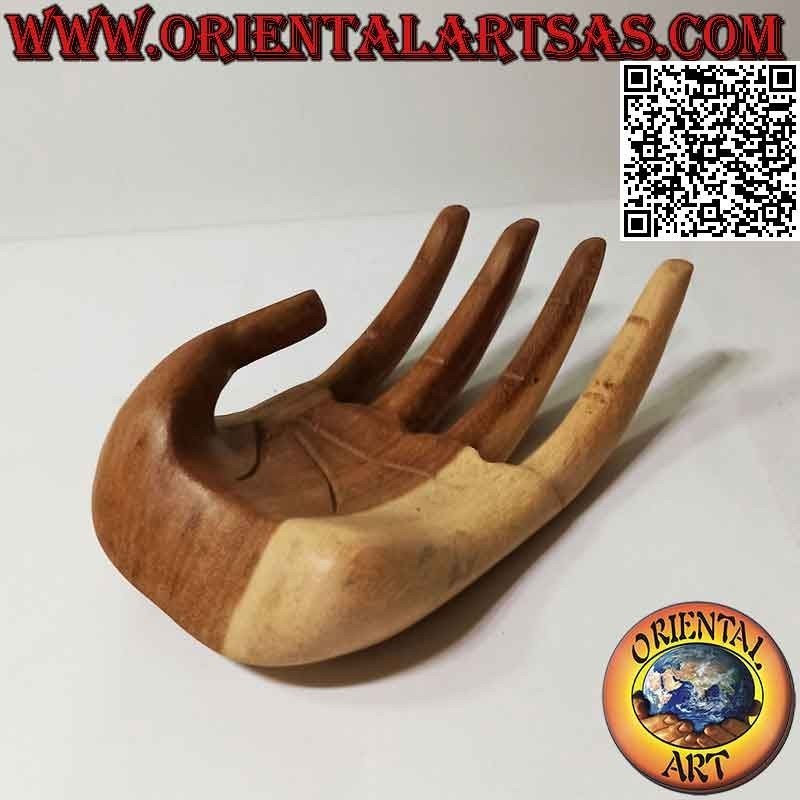 Scultura espositore per gioielli "mano aperta" in legno di suar da 20 cm (naturale)