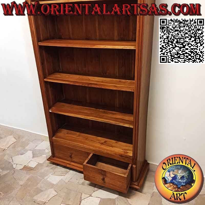 Bookcase with five shelves and two drawers with closed sides in teak wood (215x110x39)