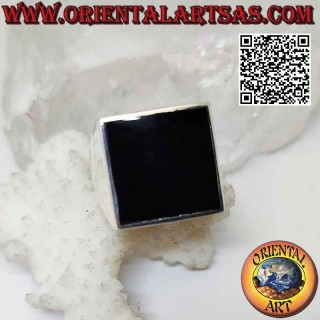 Bague argent lisse avec onyx carré affleurant 17x17 mm
