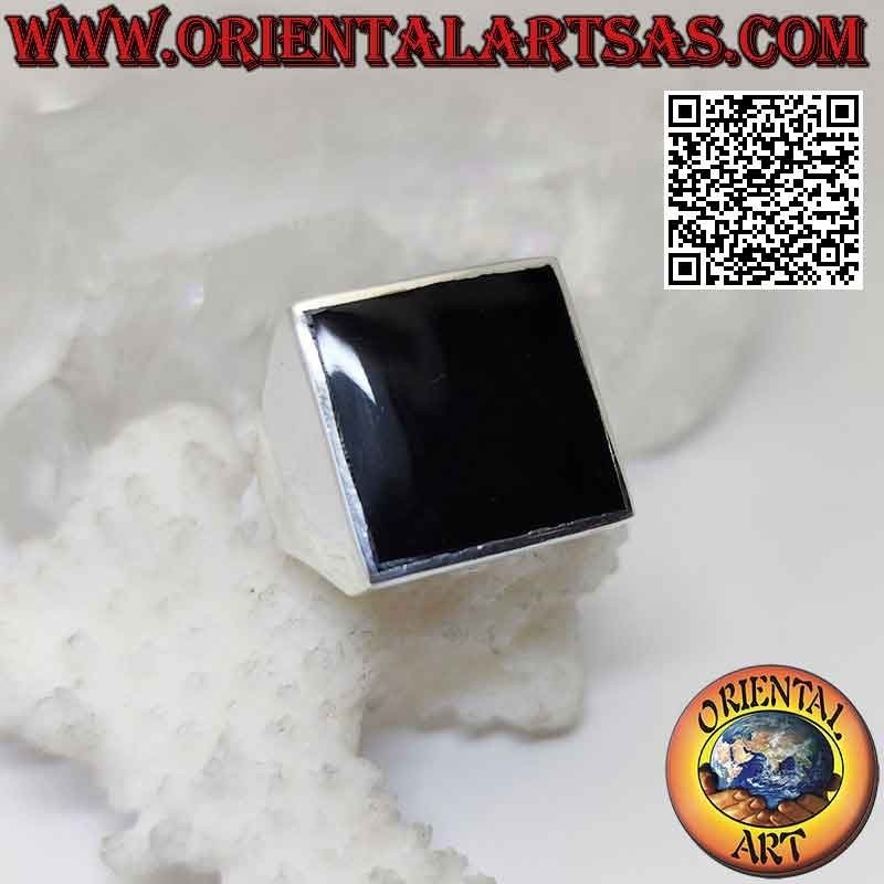 Anillo de plata lisa con ónix cuadrado al ras de canto 17x17 mm