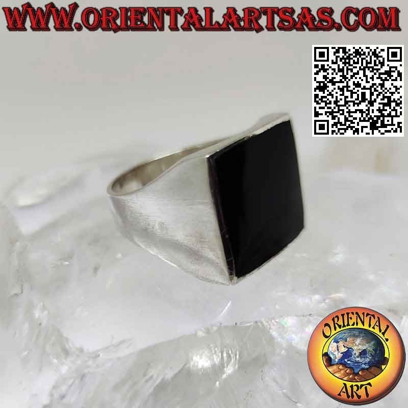 Anello in argento liscio con onice quadrata a filo bordo 15x15 mm (sottile)