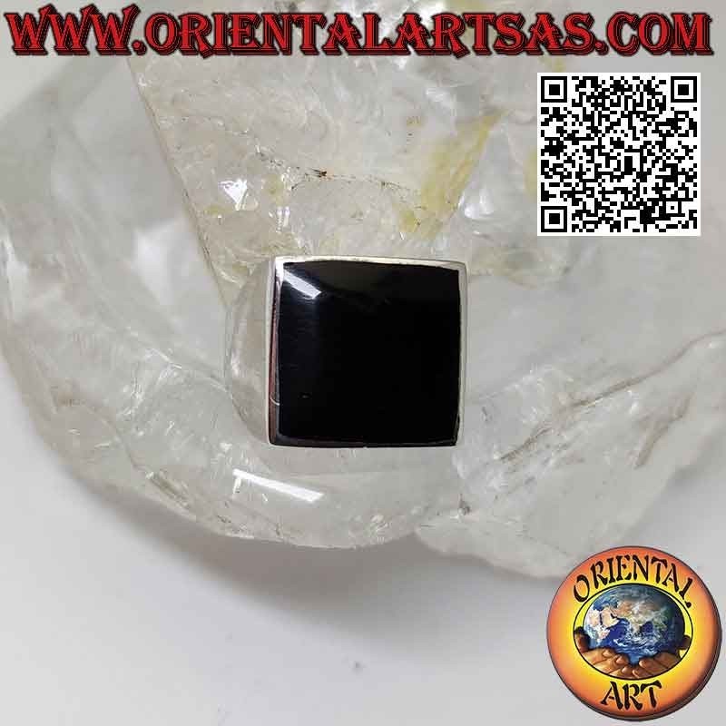 Smooth silver ring with square onyx flush edge 15x15 mm (thin)