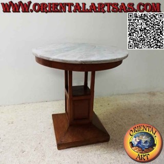 Round coffee table with single high square foot and marble top in 70 Ø cm antique teak wood