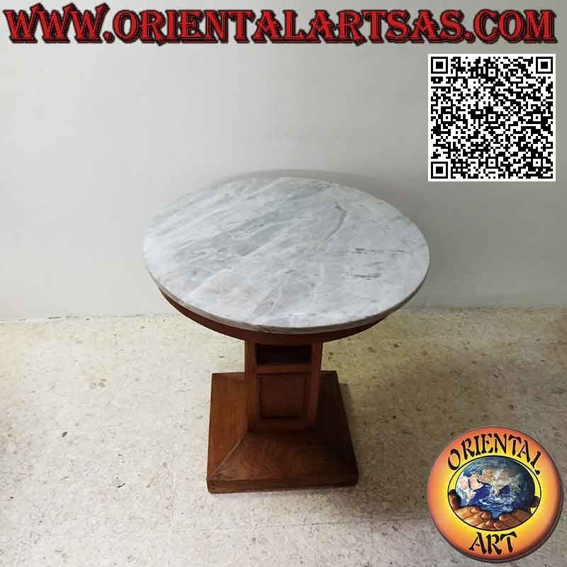 Round coffee table with single high square foot and marble top in 70 Ø cm antique teak wood