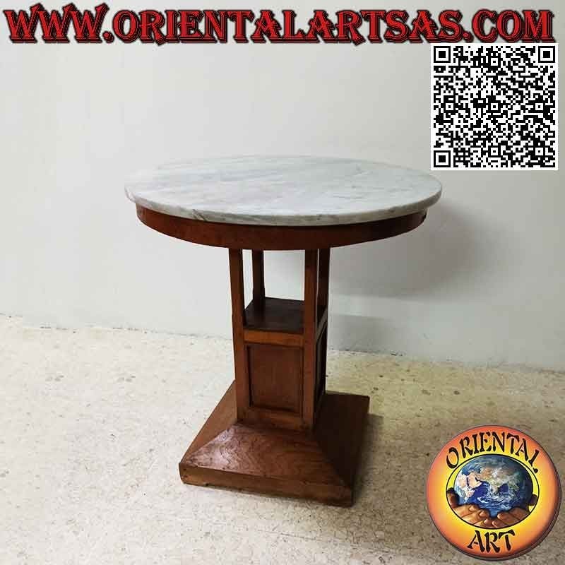 Tavolino tondo con piede unico quadrato alto e piano in marmo in legno antico di teak da 70 Ø cm