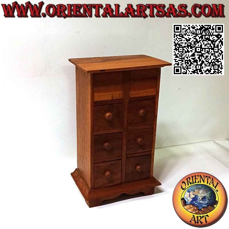Vitrina con cómoda de 6 cajones y tapa abrible en madera de teca