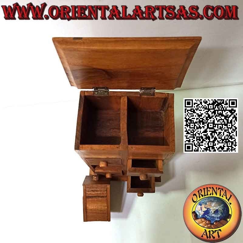 Vitrine avec commode 6 tiroirs et couvercle ouvrant en bois de teck