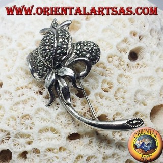 Silver brooch, Tulip with marcasite