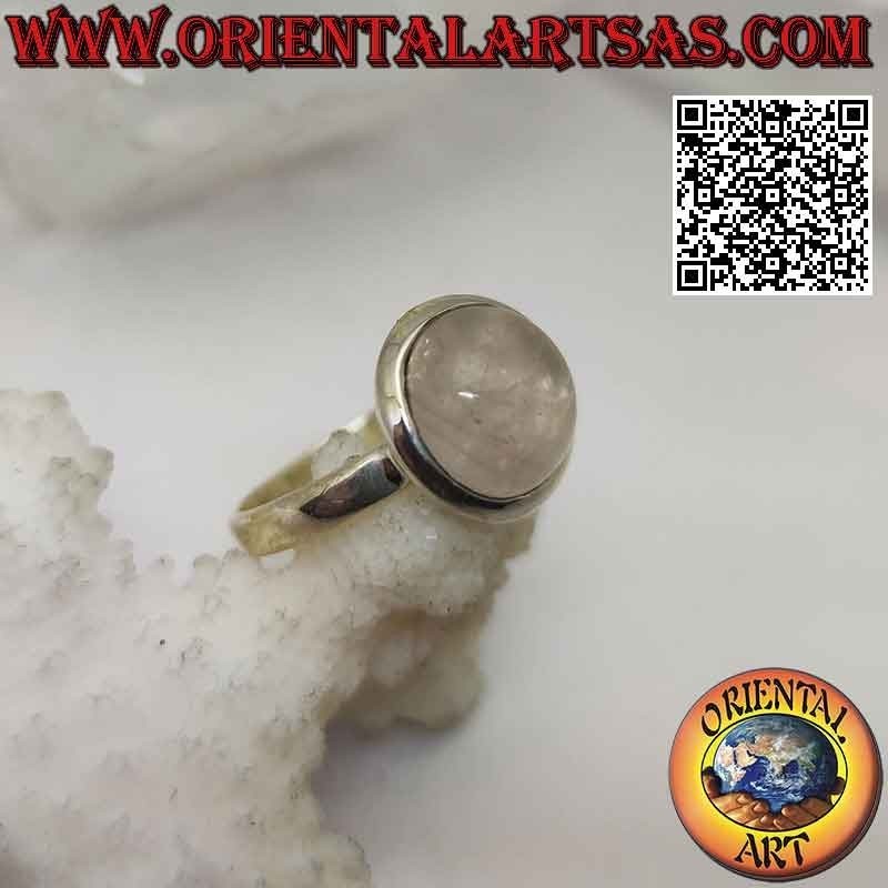Anillo de plata con cabujón redondo de cuarzo rosa en engaste de solitario liso