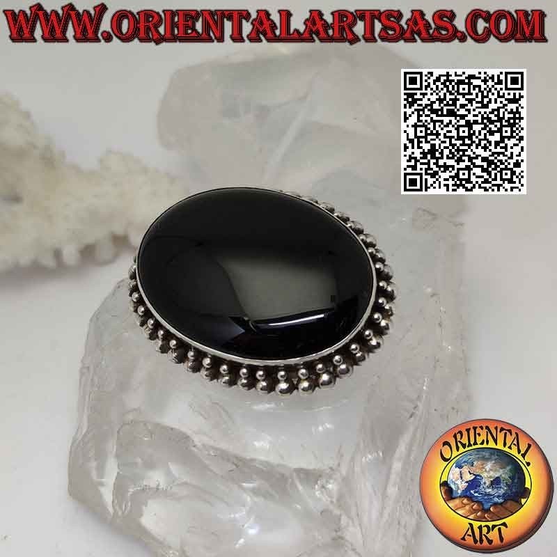 Broche de plata 925 ‰ con gran cabujón ovalado de ónix rodeado de dos filas de bolas en crecimiento
