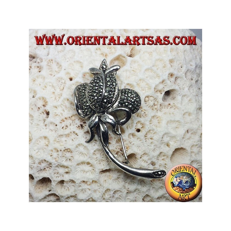 Broche Argent, tulipe avec marcassite
