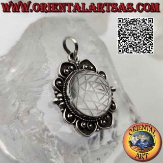 Silver pendant with Sri Yantra mandala engraved on round cabochon rock crystal on baroque setting