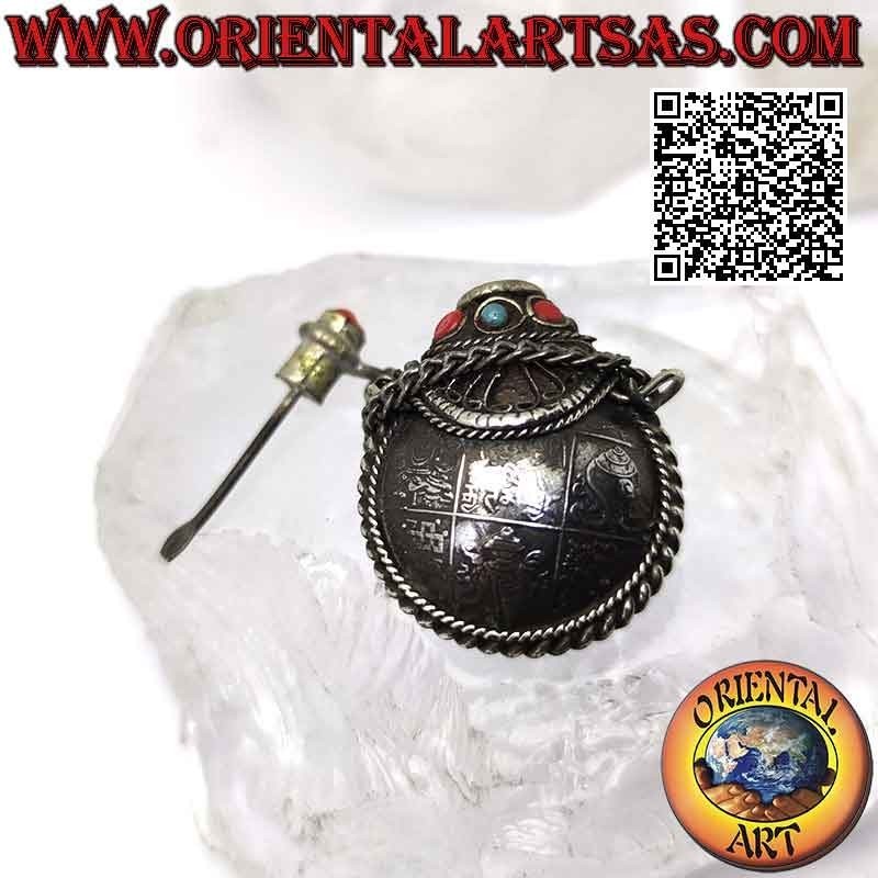 Colgante botella tibetana antigua con turquesas y corales milenarios y los ocho símbolos de buen augurio