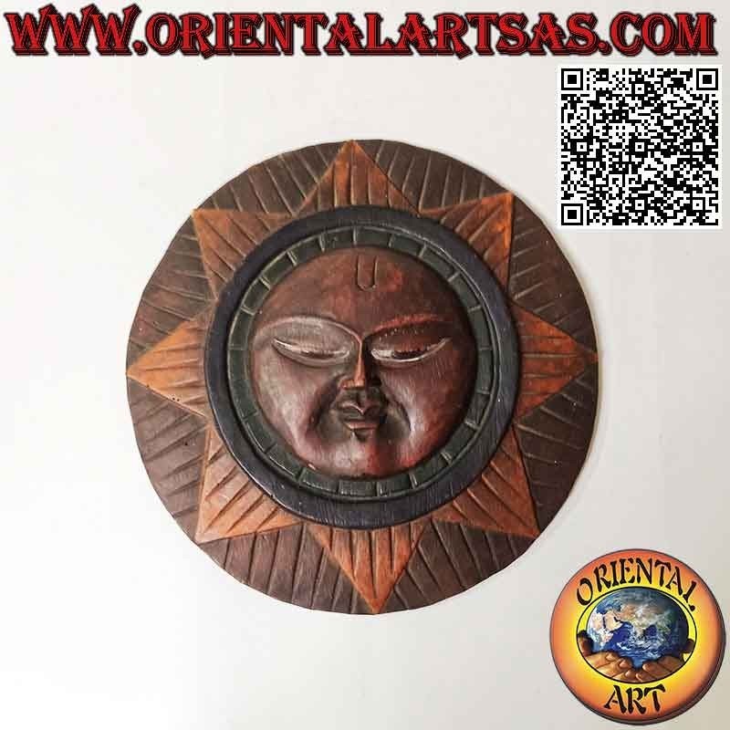 Antigua máscara redonda "Sol de Nepal" tallada y pintada a mano en palo de rosa, 20 cm