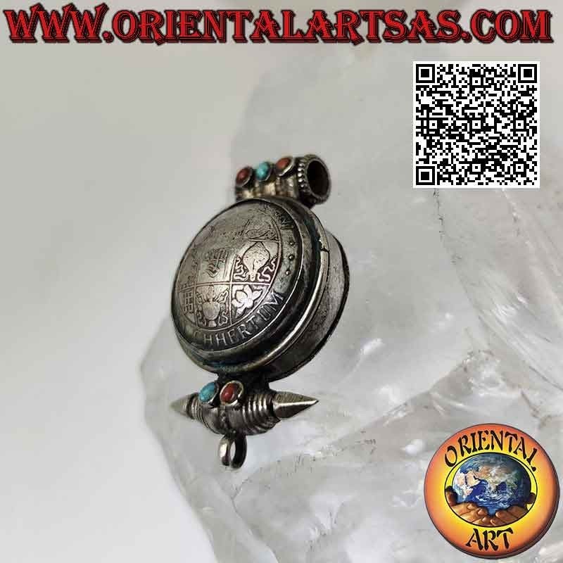Pendentif boîte tibétaine antique "Gao Kalachakra" avec turquoise et coraux anciens