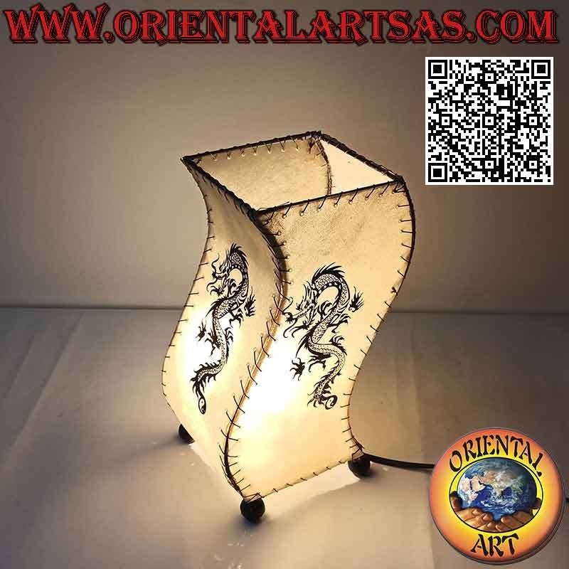 Ethnic table lamp, "S wave" with square base with painted dragon, in animal skin 30 cm