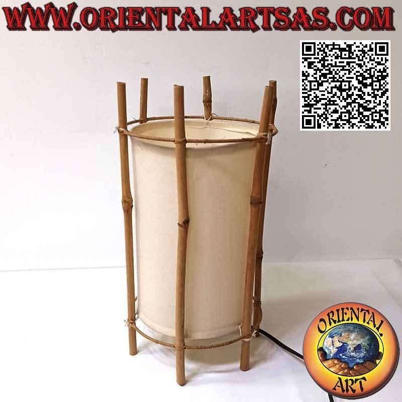 Lampe de table ethnique, "cylindre linéaire" avec base ronde en coton et structure en bambou de 35 cm
