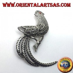 rooster, silver brooch with marcasite