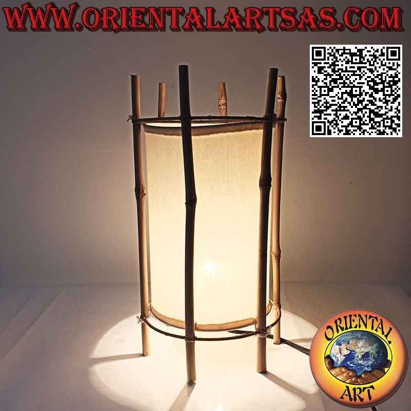 Ethnische Tischlampe, "linearer Zylinder" mit runder Basis aus Baumwolle und 35 cm Bambusstruktur