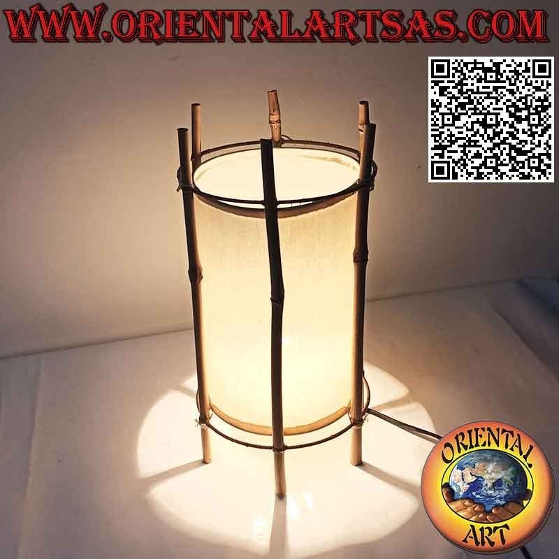 Lampe de table ethnique, "cylindre linéaire" avec base ronde en coton et structure en bambou de 35 cm