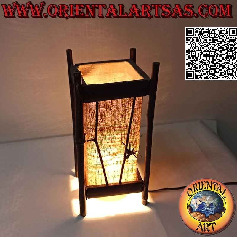 Ethnic table lamp, "linear parrallelepiped" with square hemp base and 34 cm bamboo structure