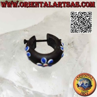 Dark wood hoop earrings with 20 mm painted flowers, blue