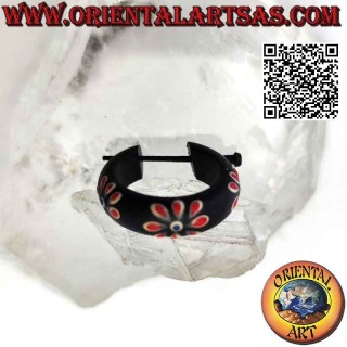 Dark wood hoop earrings with 24 mm painted flowers, red