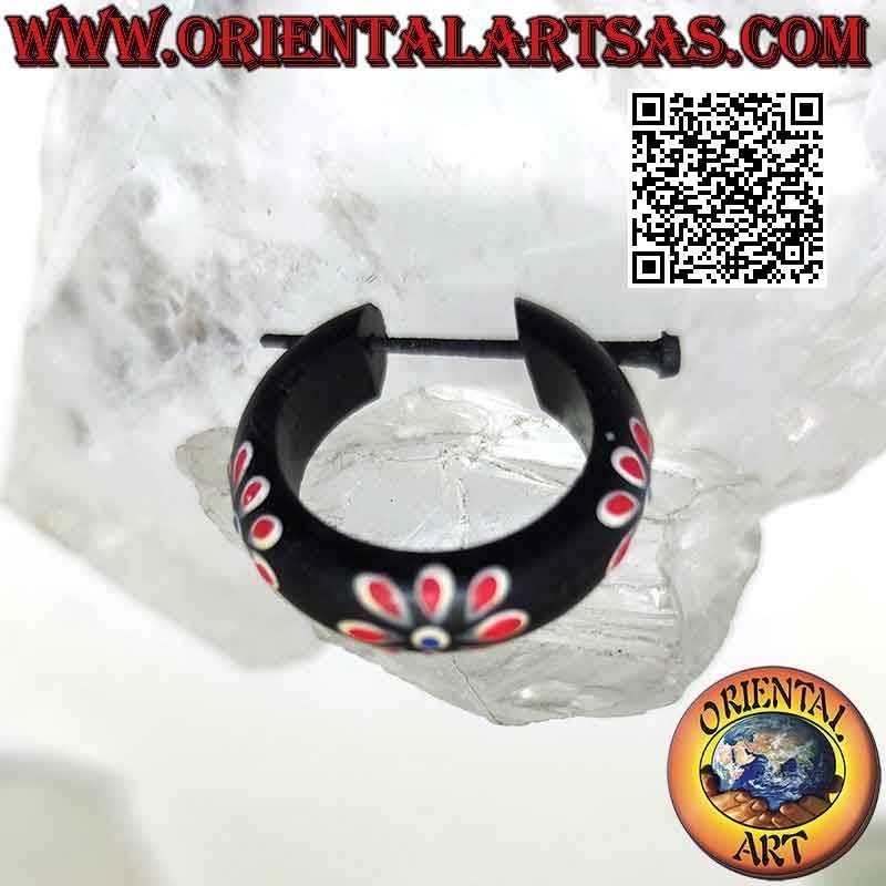 Orecchini a cerchio in legno scuro con fiori dipinti da 24 mm, rosso