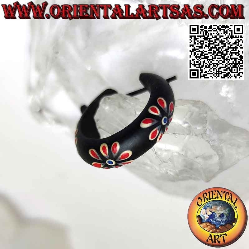 Orecchini a cerchio in legno scuro con fiori dipinti da 24 mm, rosso