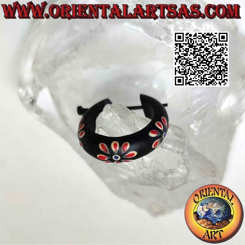 Dark wood hoop earrings with 24 mm painted flowers, red