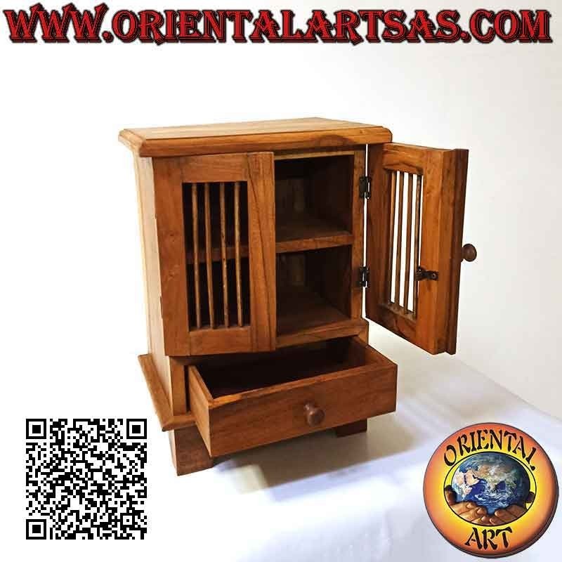 Vitrina de dos puertas con columnas y cajón en madera de teca