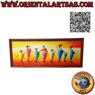 Handgemaltes Bild auf Holz im Sahara-Stil, "Reihe von Frauen, die bei Sonnenuntergang Pumpen entwässern (Wasser tragen)"