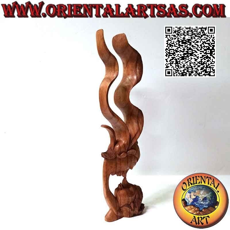 Escultura del beso entre dos amantes orientales con velo de perfil en madera de suar de 35 cm (natural)