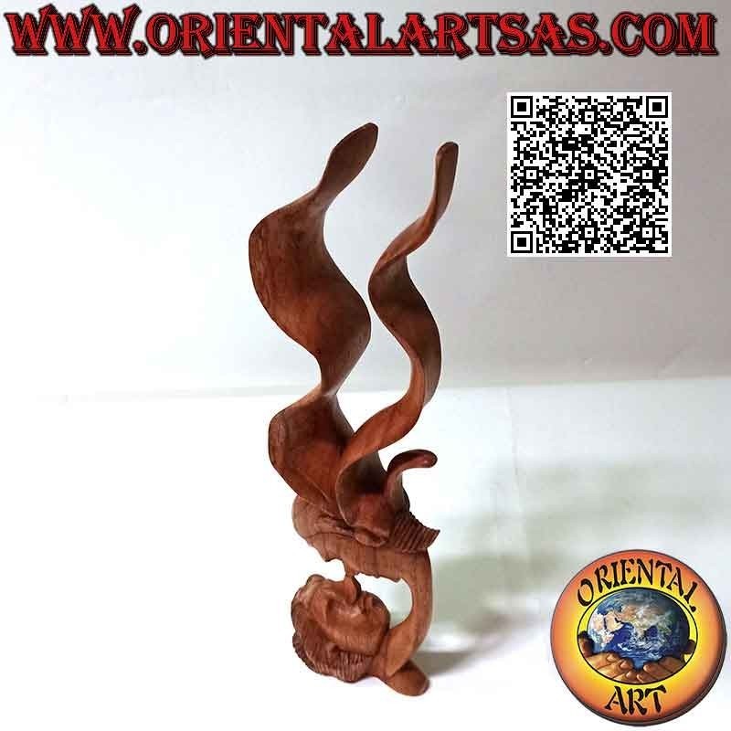 Scultura del bacio tra due amanti orientali con velo di profilo in legno di suar da 35 cm (naturale)