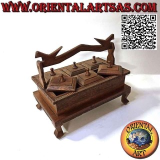 Joyero rectangular de seis compartimentos con mango de madera de teca (hecho a mano)