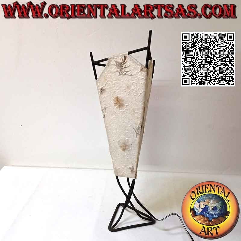 Lámpara de mesa étnica, "pirámide invertida" con base triangular en papel de arroz con pétalos de 43 cm (natural)