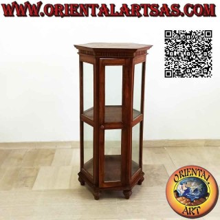 Hexagonal display cabinet with two shelves and teak wood columns decoration (120)