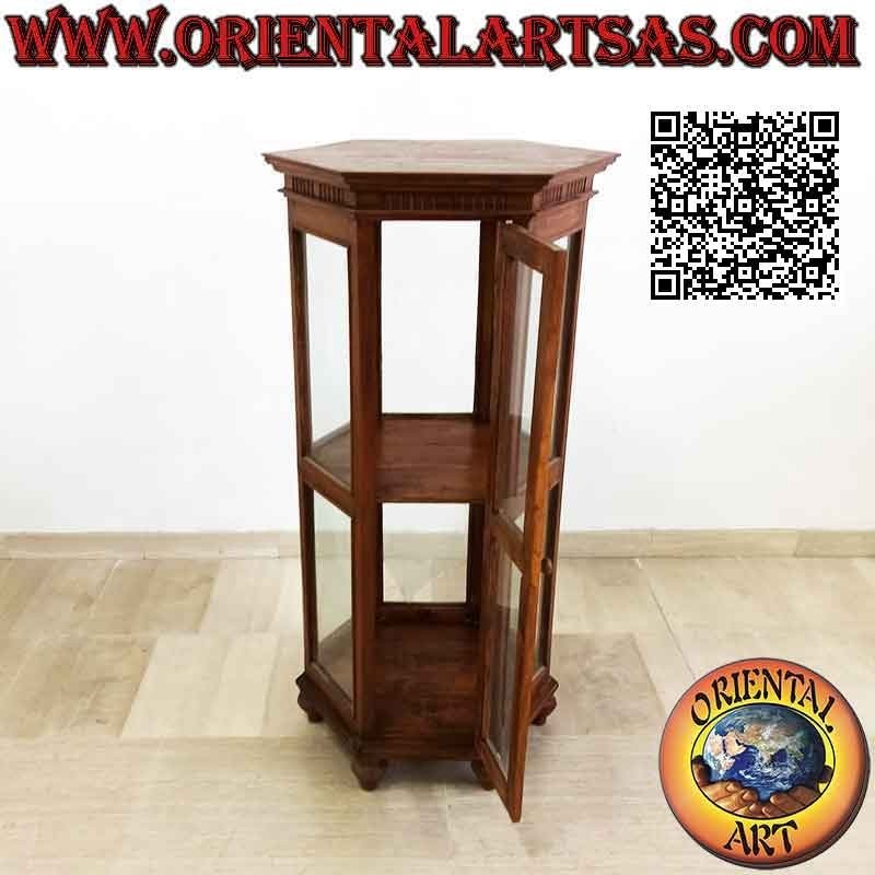 Hexagonal display cabinet with two shelves and teak wood columns decoration (120)