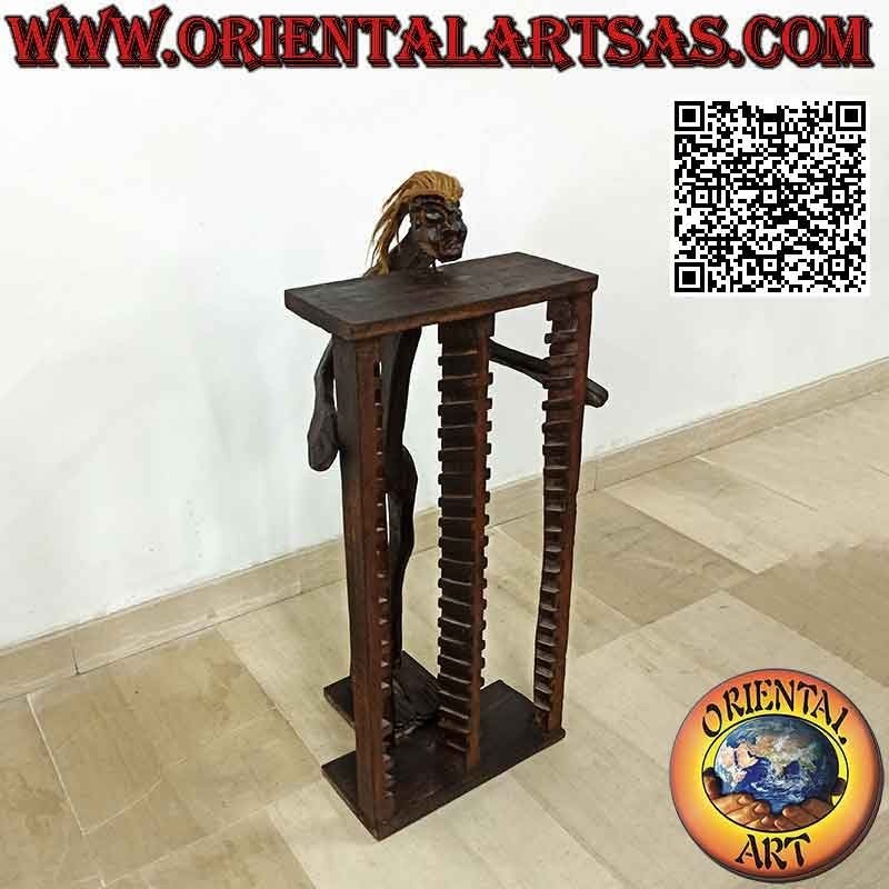 Porta CD de estilo primitivo con escultura de un aborigen en madera de teca (80 cm)