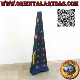 Pyramid bulletin board with six drawers in blue painted fir wood with moons and golden stars