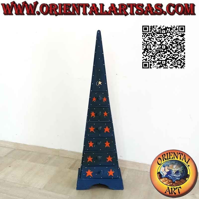 Babillard pyramide à six tiroirs en bois de sapin peint en bleu avec des lunes et des étoiles dorées